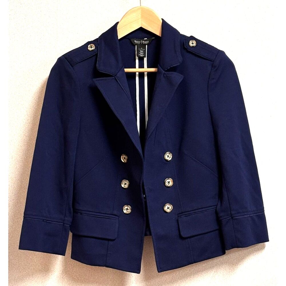 White House Black Market Military Cropped Peplum Blazer Navy Gold Buttons Size 4